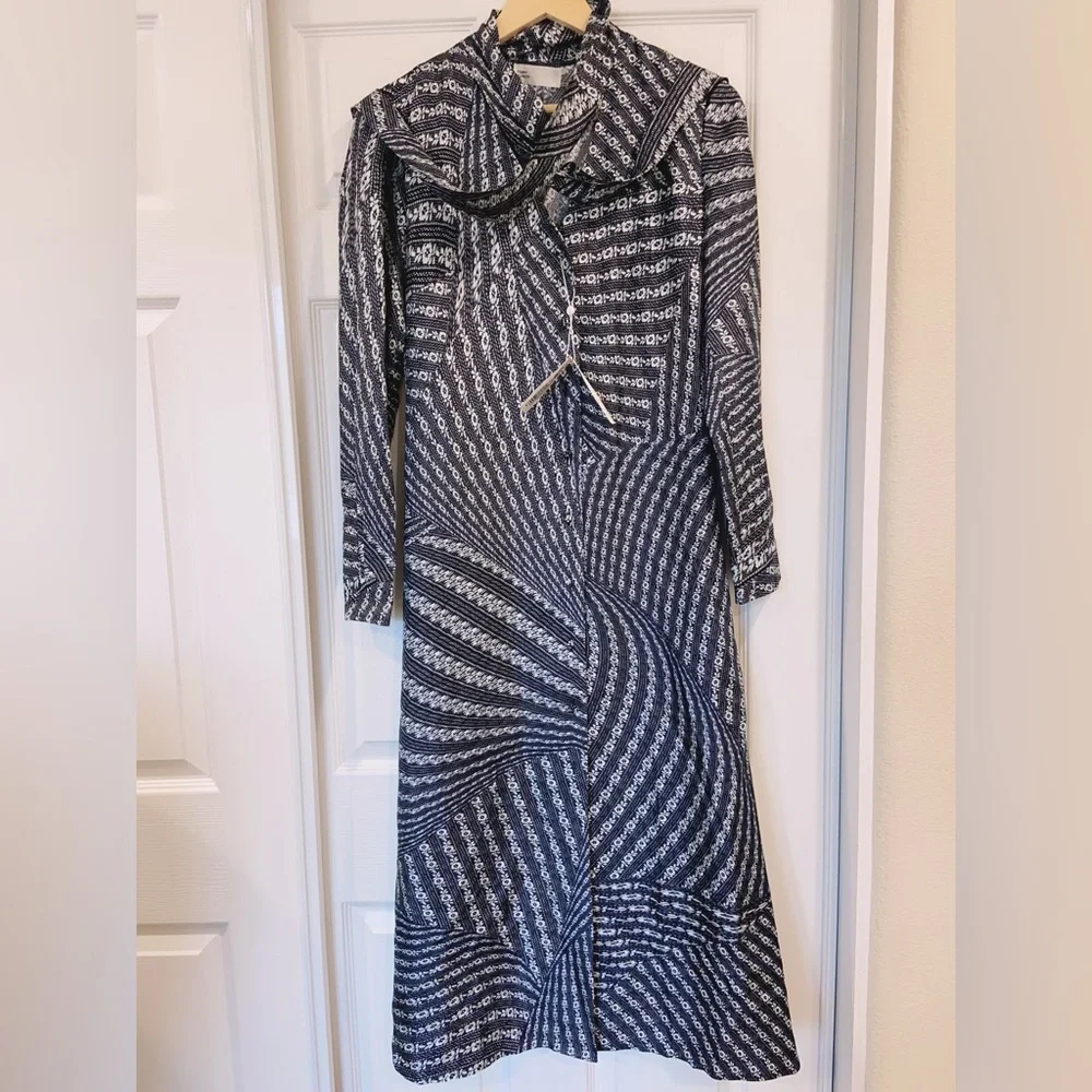 NWT $898 Tory Burch Printed Bow Blouse Dress In Black Warped Lace